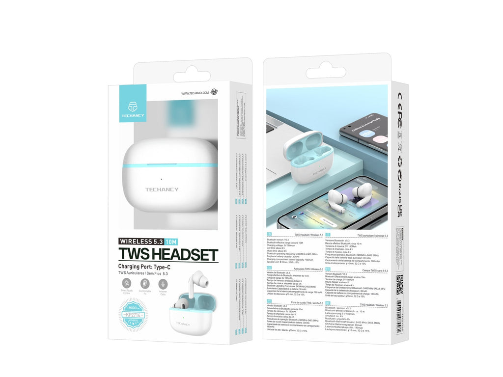 Techancy Auriculares TWS KP2714 Bluetooth 5.3 ligação 10m USB-C 4h de autonomia som nítido confortável cor branca-4