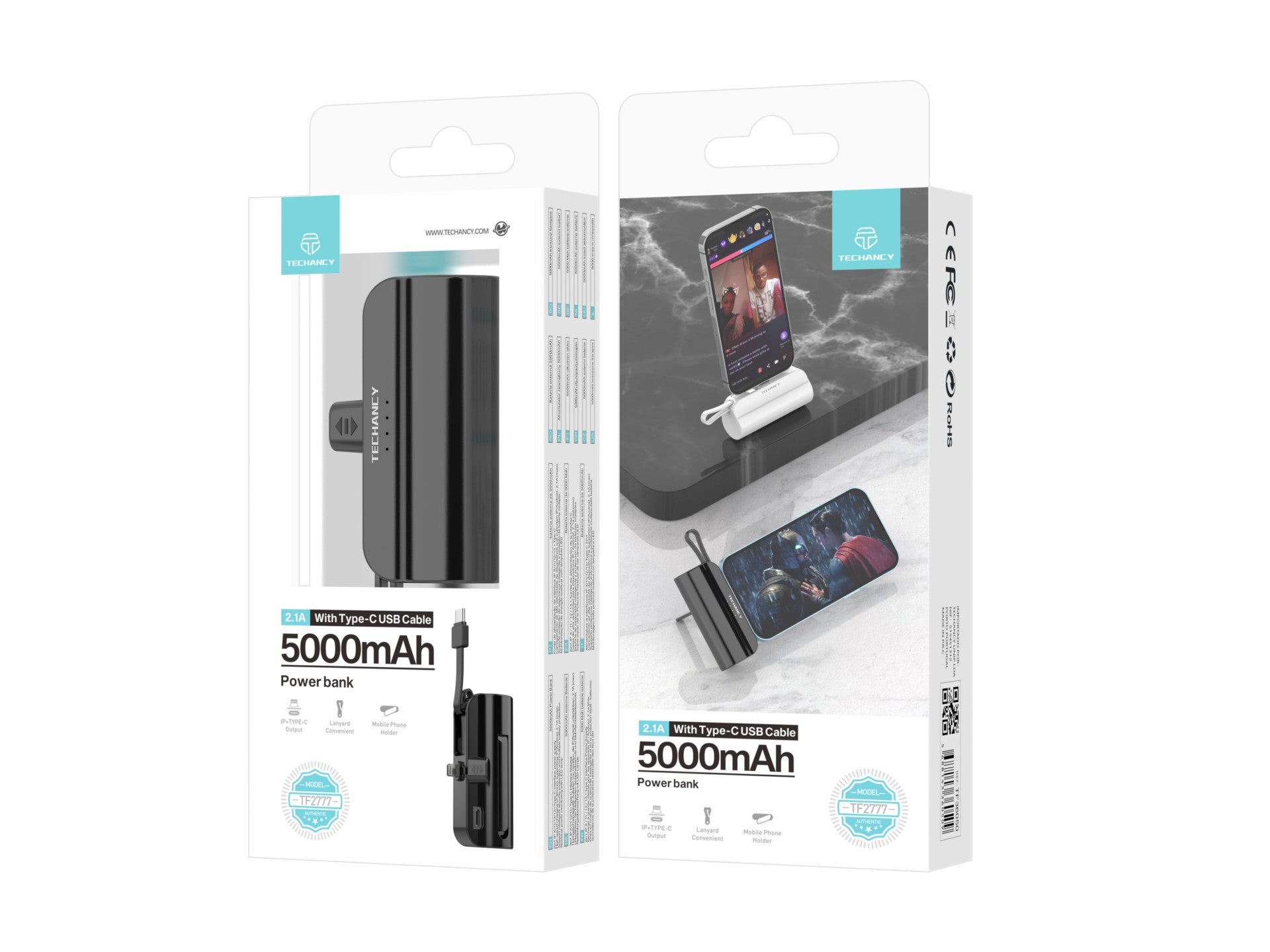 Carregador portátil Techancy 5000mAh, TF2777, cabo de carregamento 2 em 1 iP+Type-c com suporte para telemóvel, preto-2