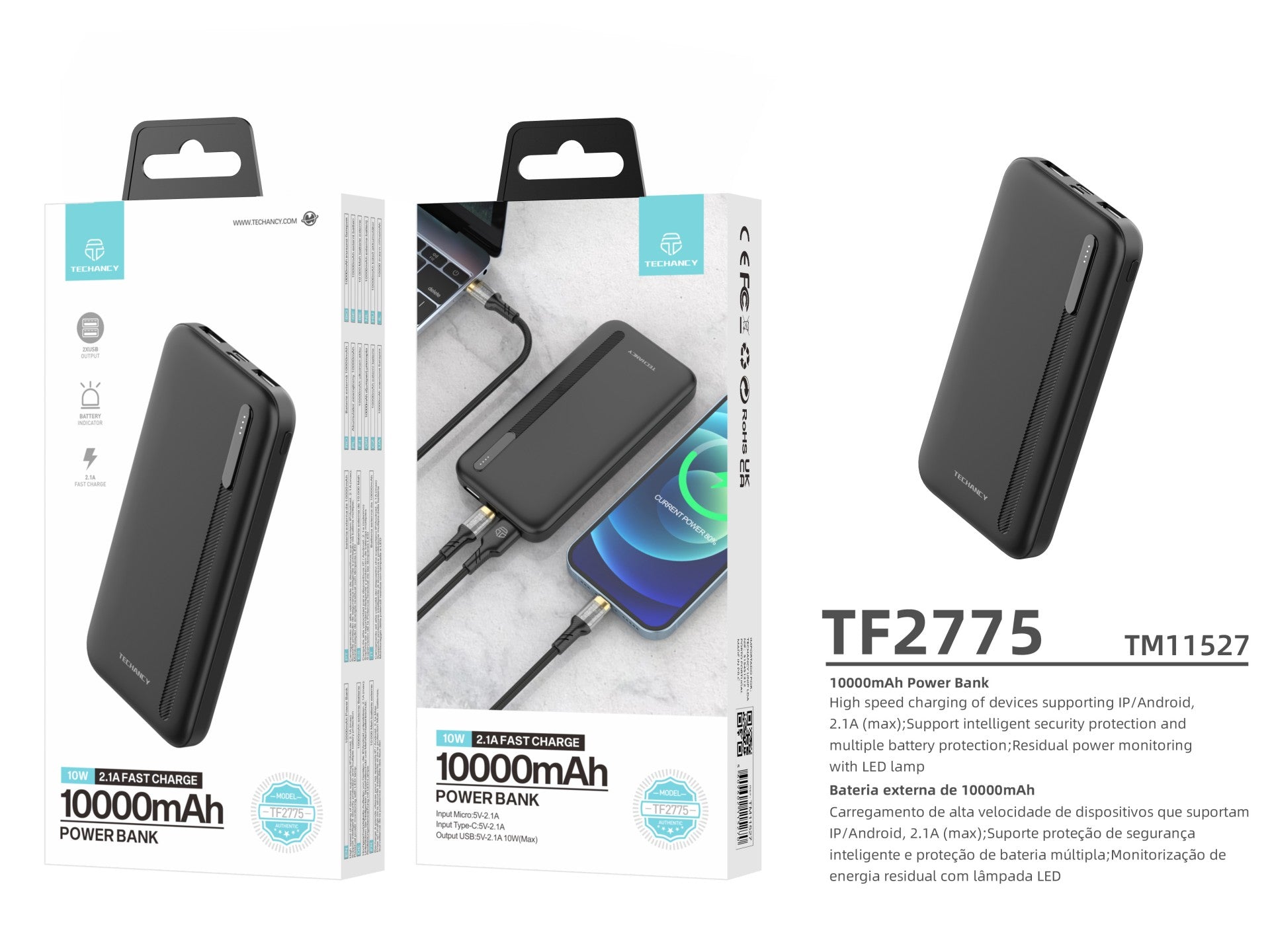 Techancy Power Bank 10000mah Preto TF2775, Carregamento Rápido De 10w Para Smartphones, Tablets E Muito Mais!-2