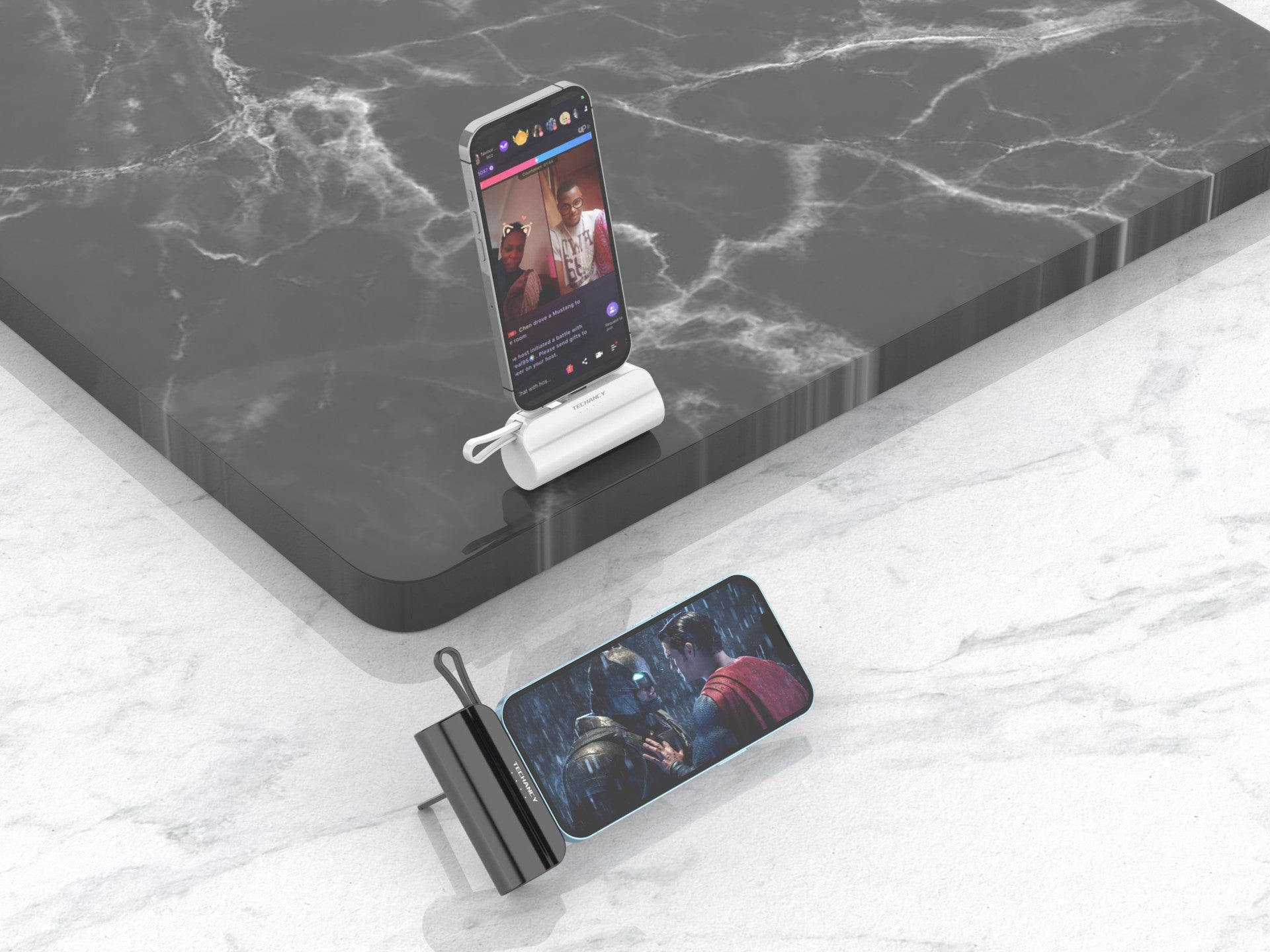 Carregador portátil Techancy 5000mAh, TF2777, cabo de carregamento 2 em 1 iP+Type-c com suporte para telemóvel, preto-1