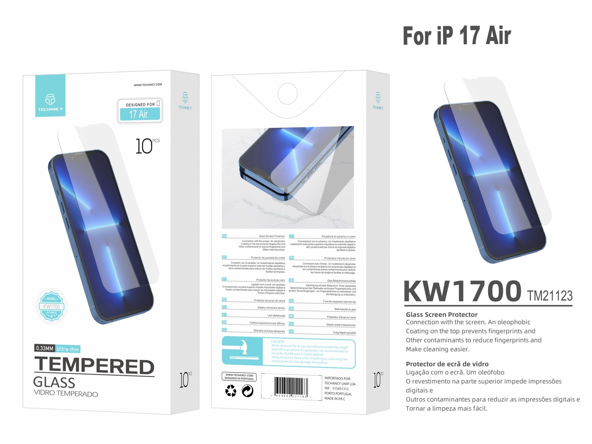 Techancy Pelicula de Vidro Temperado para iPhone 17 Air KW1700, 0.33MM Ultra Fino, Anti Impressao Digital, Anti Riscos, Transparente HD