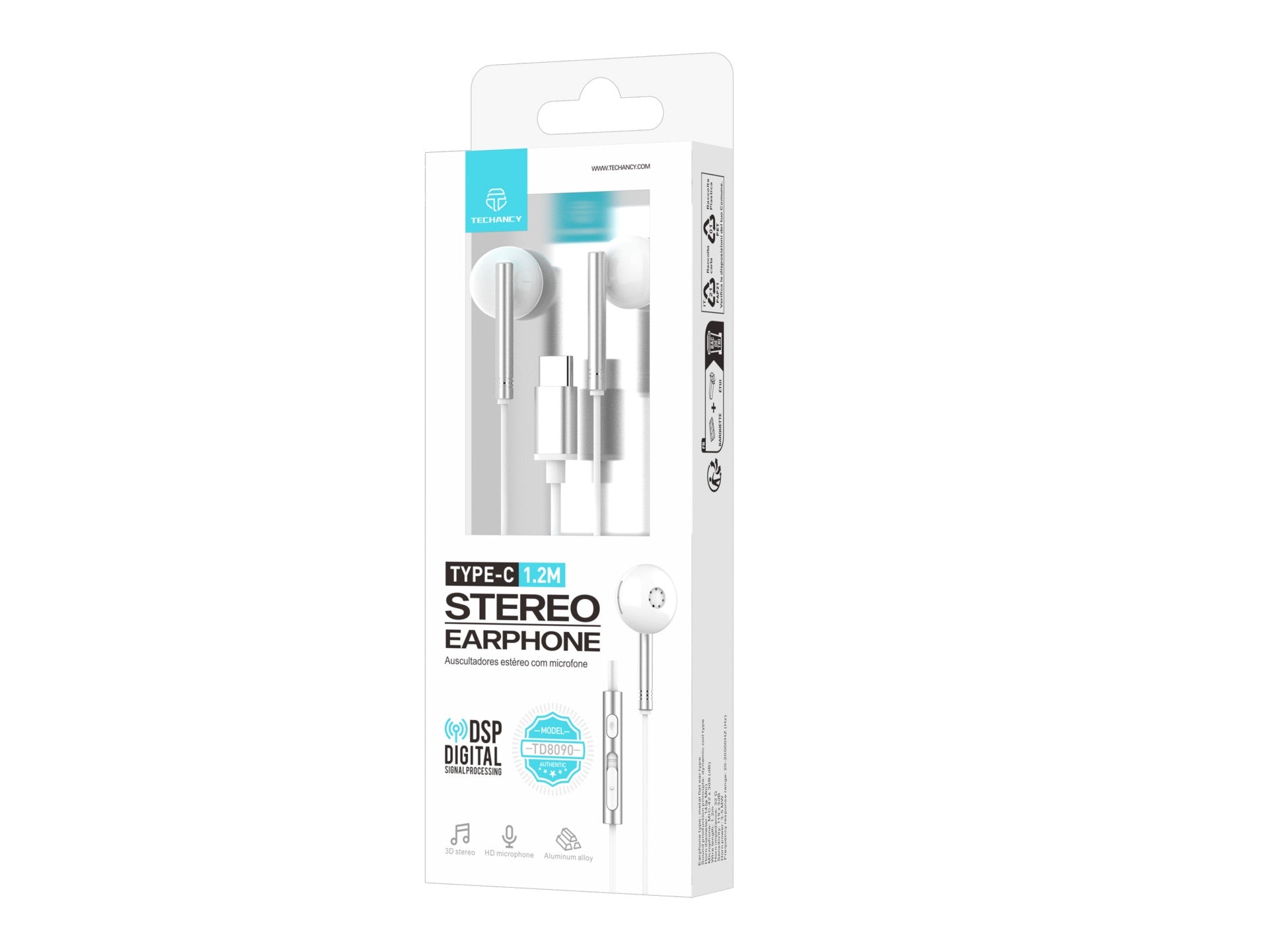 Techancy Auscultadores Estéreo Em Metal Branco TD8090, Porta Dsp/Type-C Compatível Com Samsung/Huawei/Xiaomi, Etc.-4