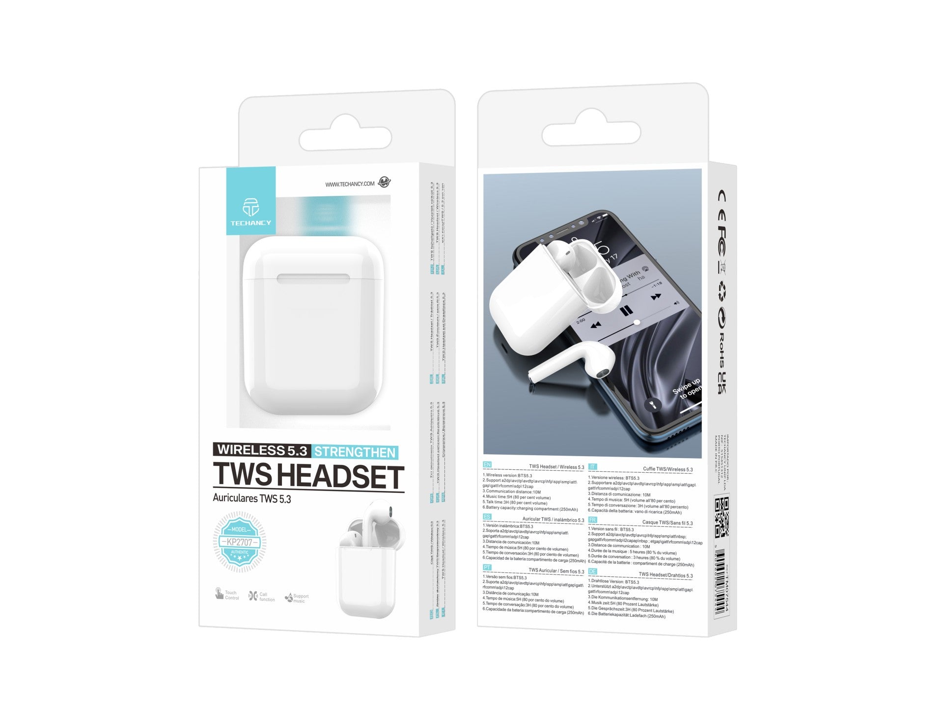 Techancy Auricular Sem Fios Tws Branco KP2707, Bluetooth 5.3, Auricular Estéreo Com Conversação, Reprodução De Música 5h-3