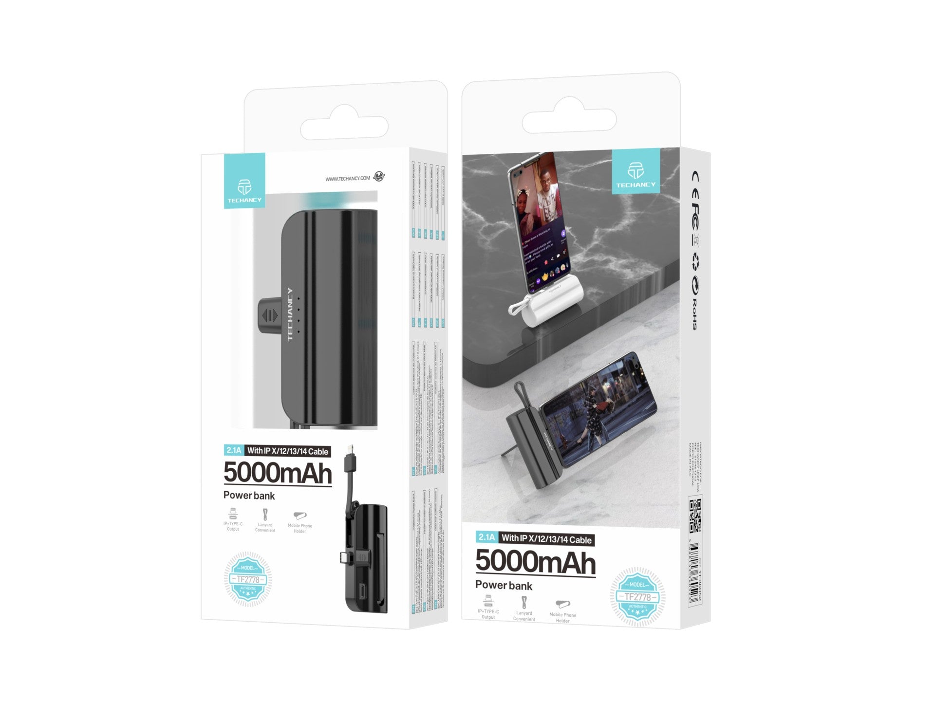 Carregador portátil Techancy 5000mAh, TF2778, cabo de carregamento 2 em 1 iP+Type-c com suporte para telemóvel, preto-2