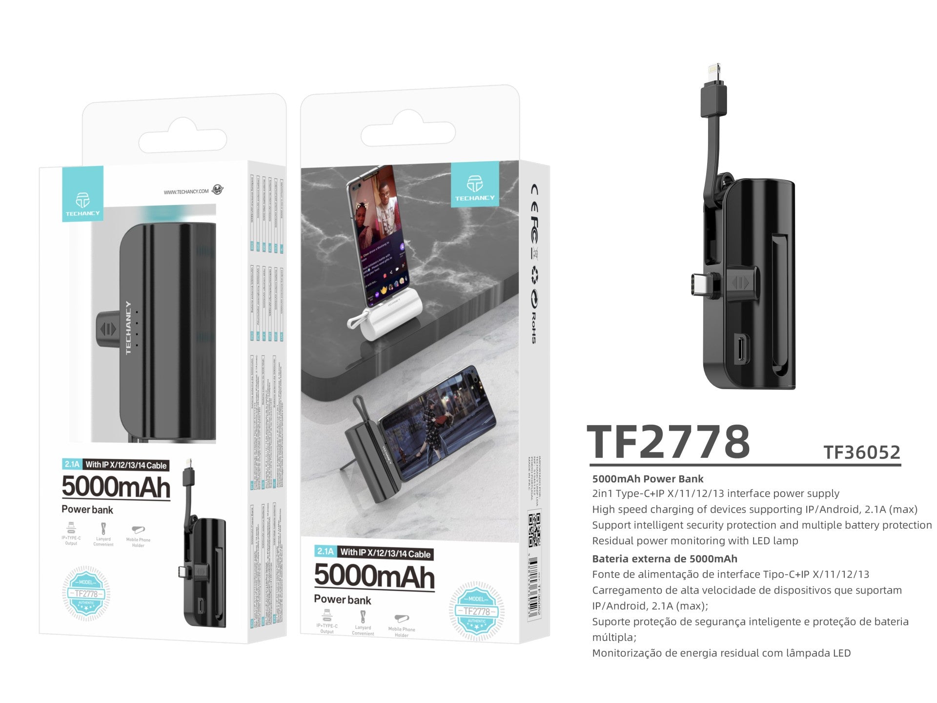 Carregador portátil Techancy 5000mAh, TF2778, cabo de carregamento 2 em 1 iP+Type-c com suporte para telemóvel, preto-3