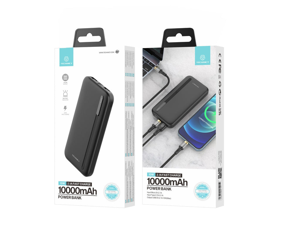 Techancy Power Bank 10000mah Preto TF2775, Carregamento Rápido De 10w Para Smartphones, Tablets E Muito Mais!-1