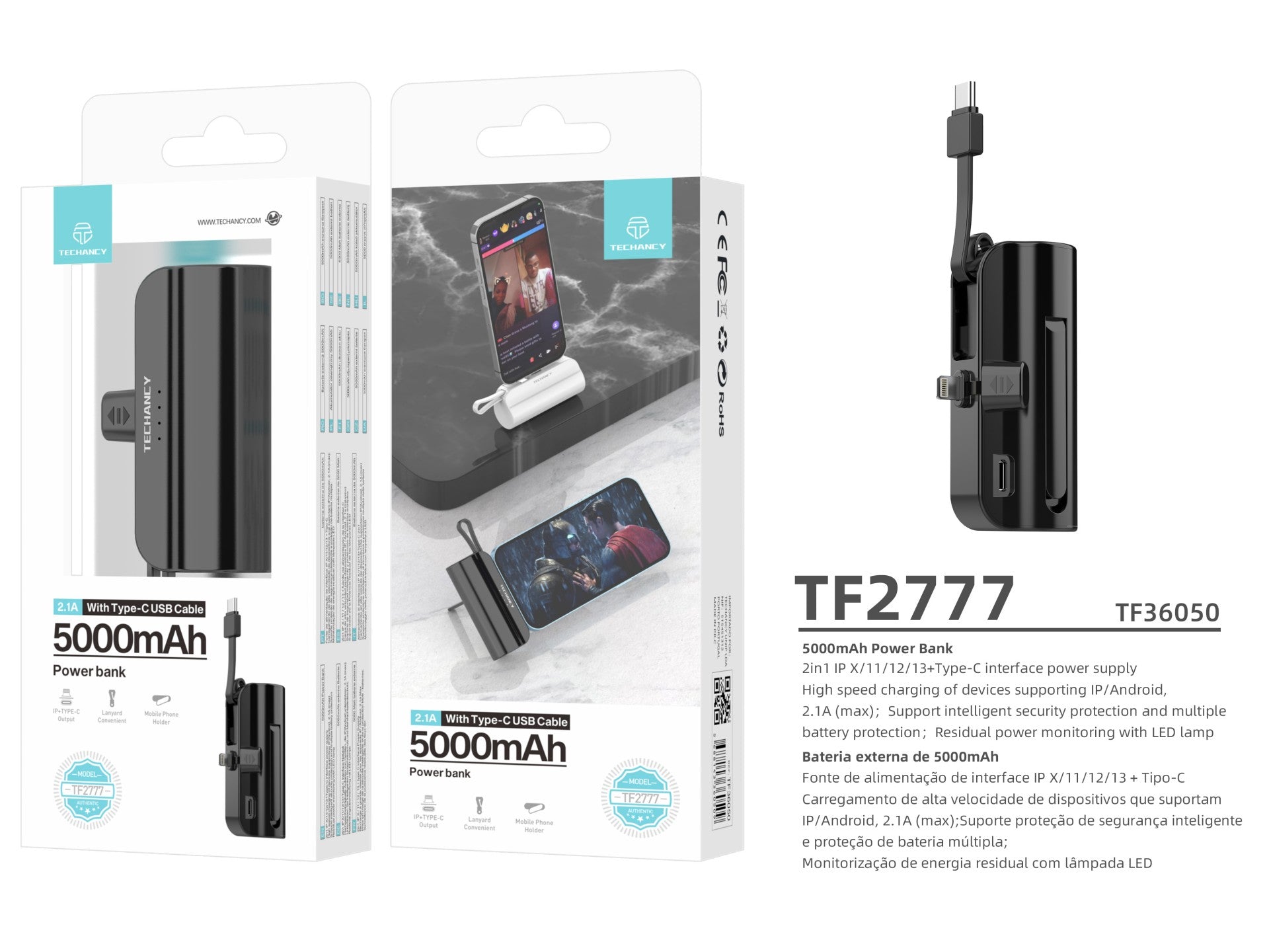 Carregador portátil Techancy 5000mAh, TF2777, cabo de carregamento 2 em 1 iP+Type-c com suporte para telemóvel, preto-3
