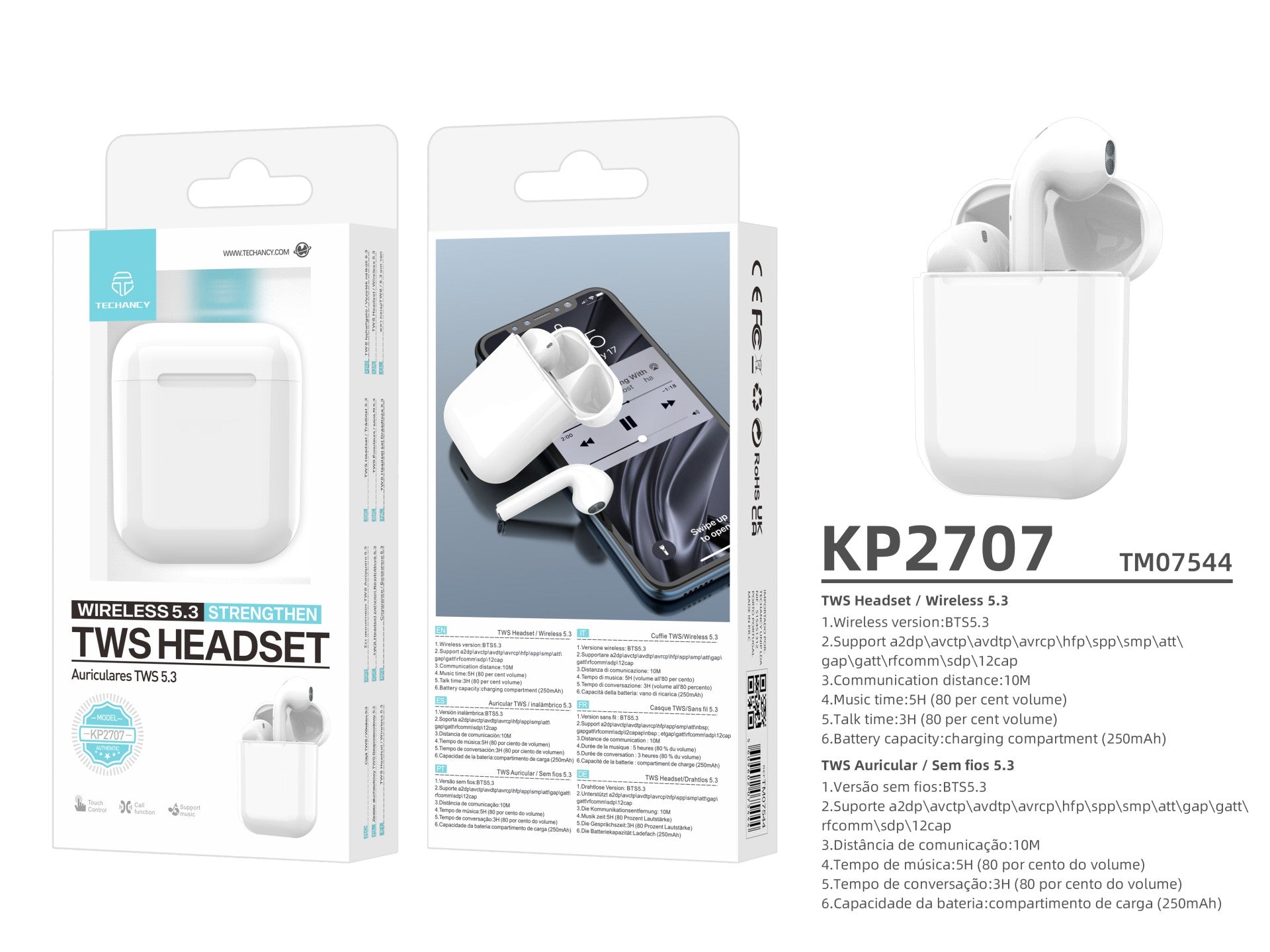 Techancy Auricular Sem Fios Tws Branco KP2707, Bluetooth 5.3, Auricular Estéreo Com Conversação, Reprodução De Música 5h-4