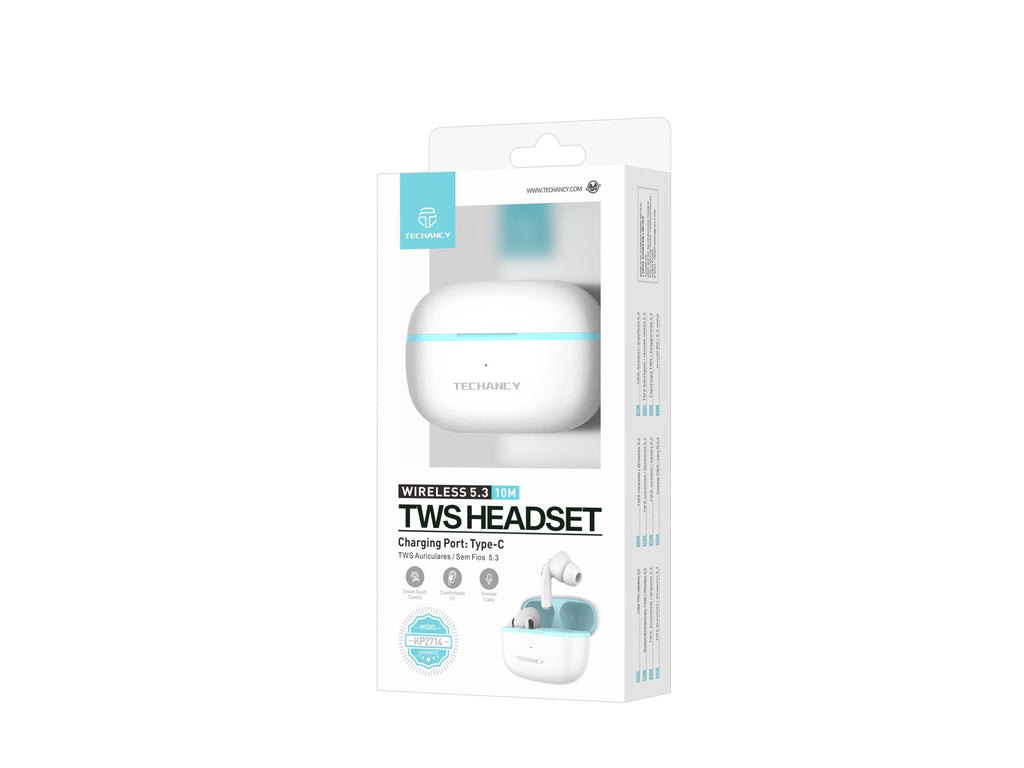 Techancy Auriculares TWS KP2714 Bluetooth 5.3 ligação 10m USB-C 4h de autonomia som nítido confortável cor branca-3